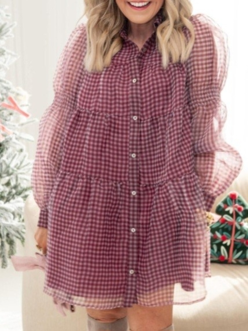 Listicle Red Gingham Tiered Sheer Tunic Mini Dresa Puff Sleeve L Boho Organza